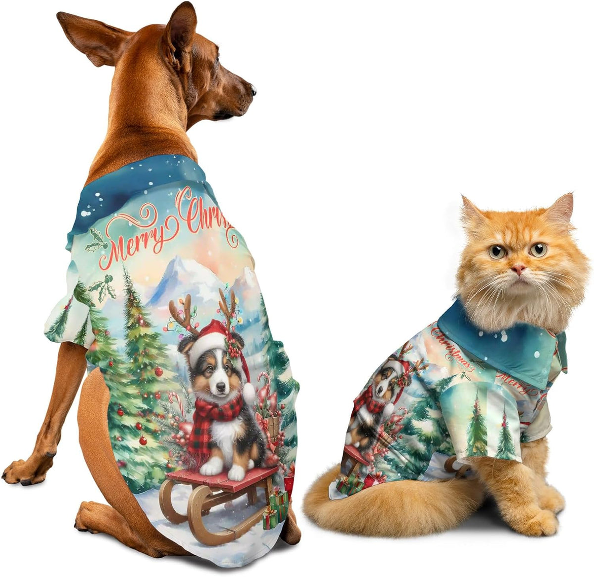 Merry Christmas Santa Reindeer Antlers Dog Sleigh Xmas Winter Holiday Hawaiian Shirt for Dog Cat and Owner