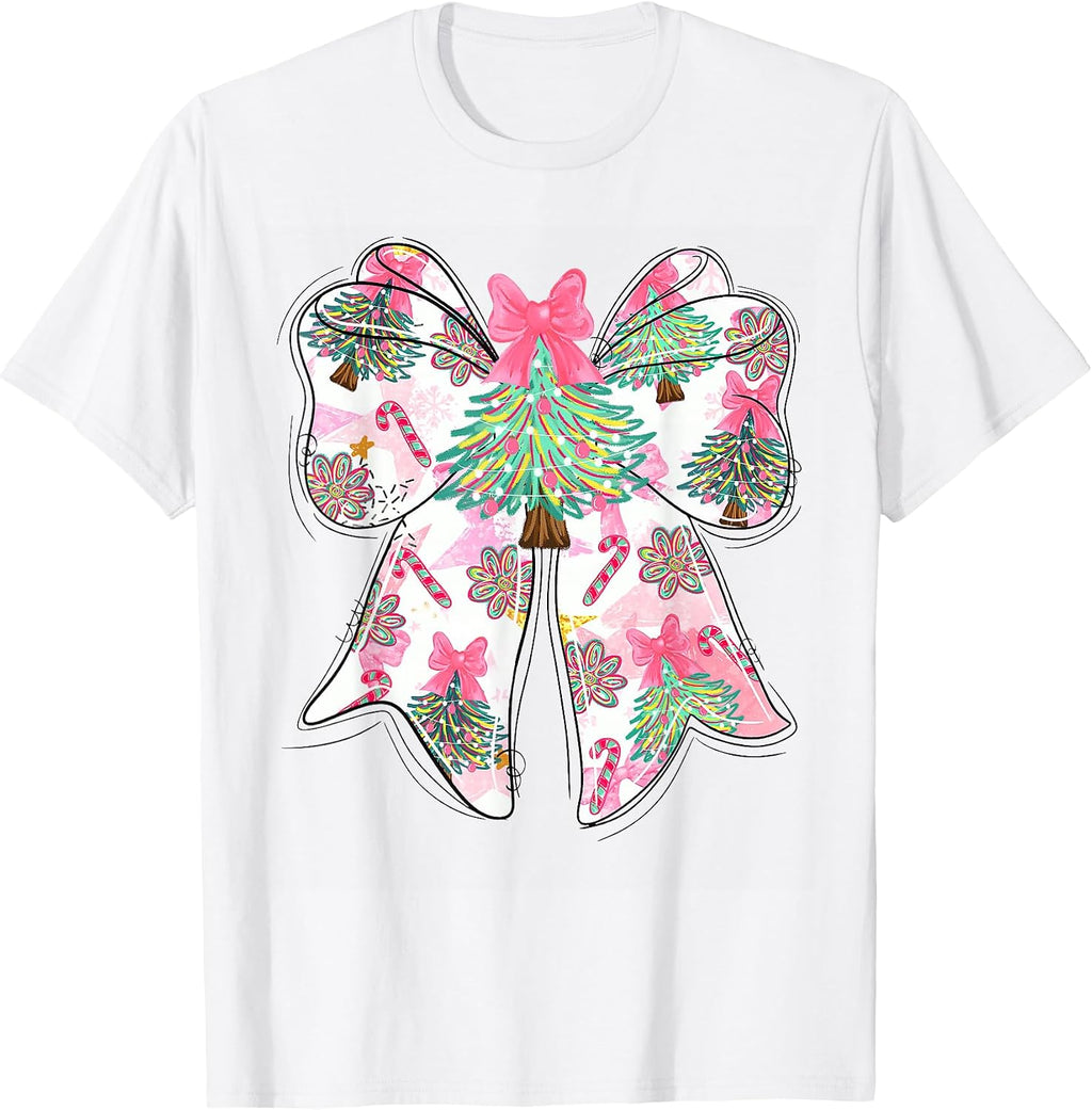 Merry Christmas Coquette Bow Christmas Tree Women Girl T-Shirt
