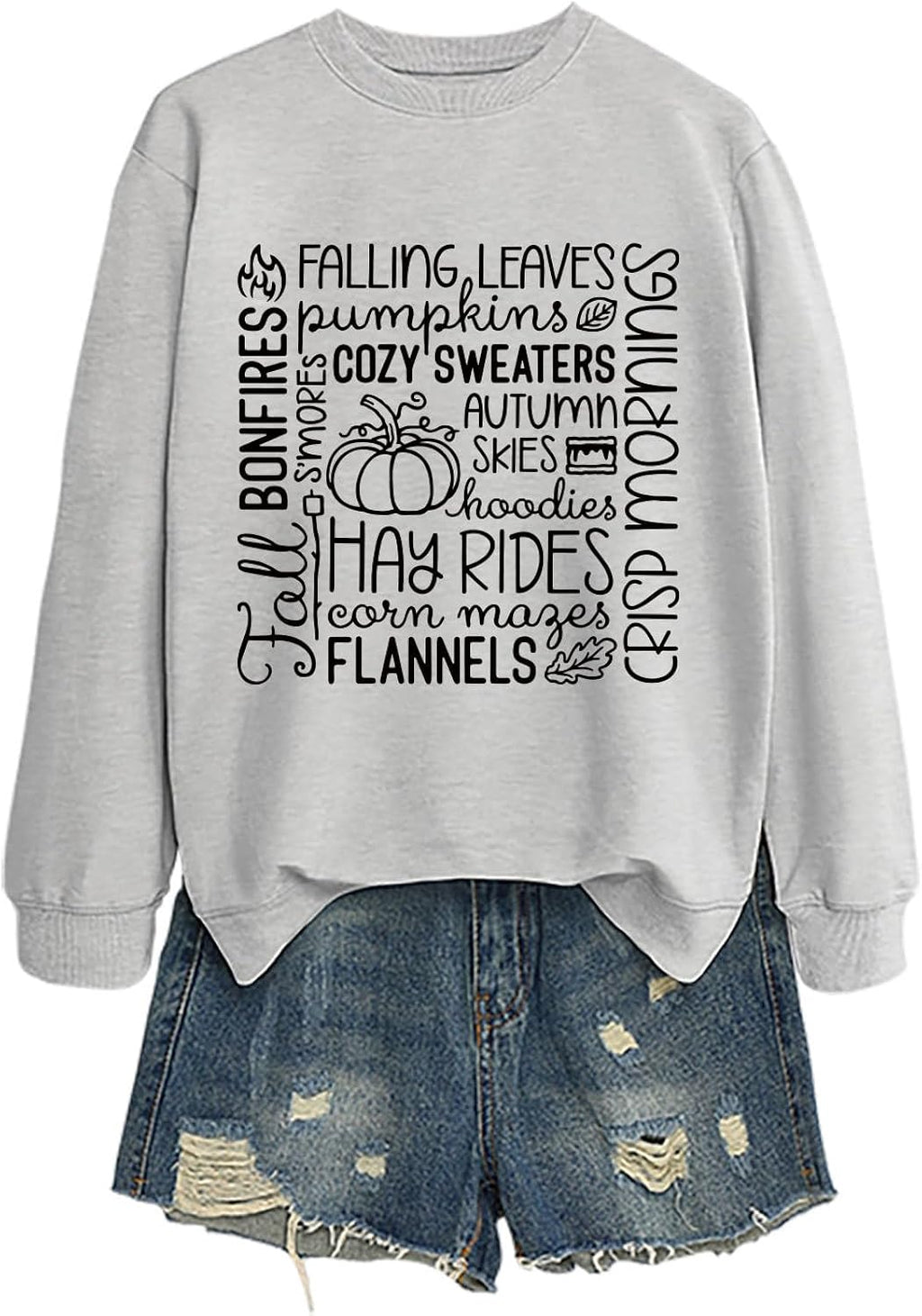 Women's Sweatshirt, Falling Leaves Pumpkins Fall Vibes Shirt Autumn Season Long Sleeve Comfortable Sweatshirt