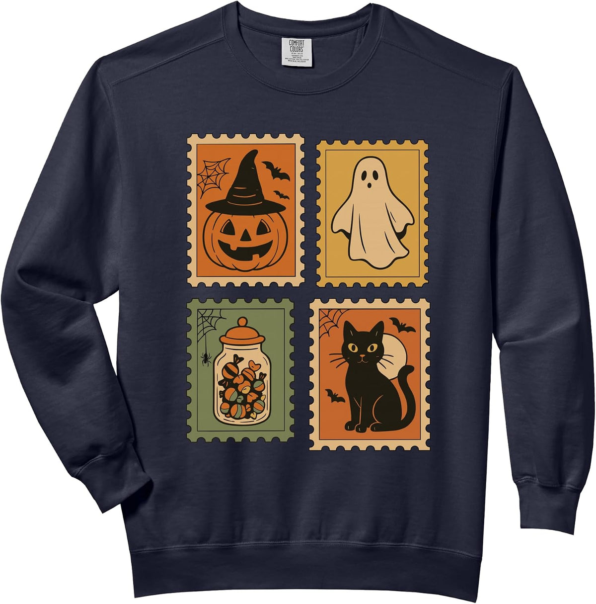 Retro Halloween Stamps, Pumpkin Ghost Black Cat Spooky Comfort Colors Adult Sweatshirt