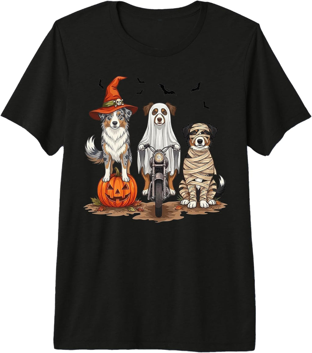 Ghost Miniature American Shepherd Dog Motorcycle Halloween Premium Tri-Blend T-Shirt