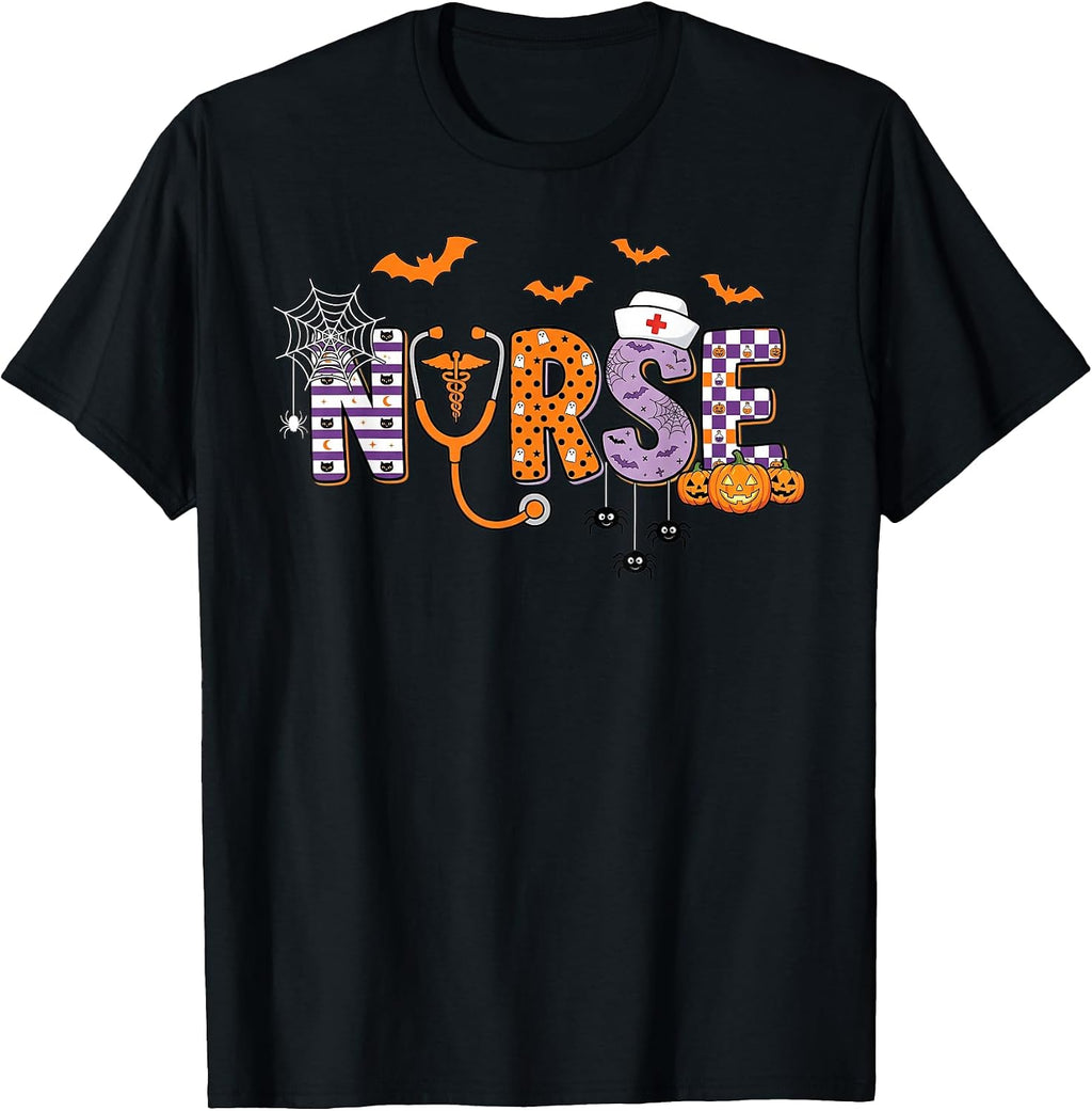 Halloween Nurse Stethoscope Spooky Pumpkin Bats T-Shirt
