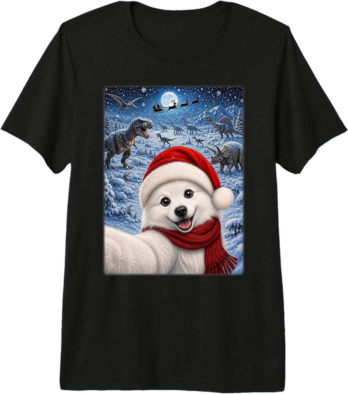 American Eskimo Dog Christmas Moon Night Dinosaurs Xmas Premium Tri-Blend T-Shirt
