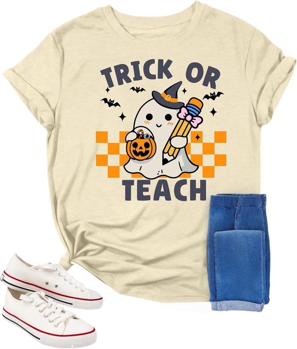 Halloween Teacher Shirts for Women Trick Or Teach Shirts Ghost T Shirt Bookish Tee Funny Cute Short Sleeve Tops