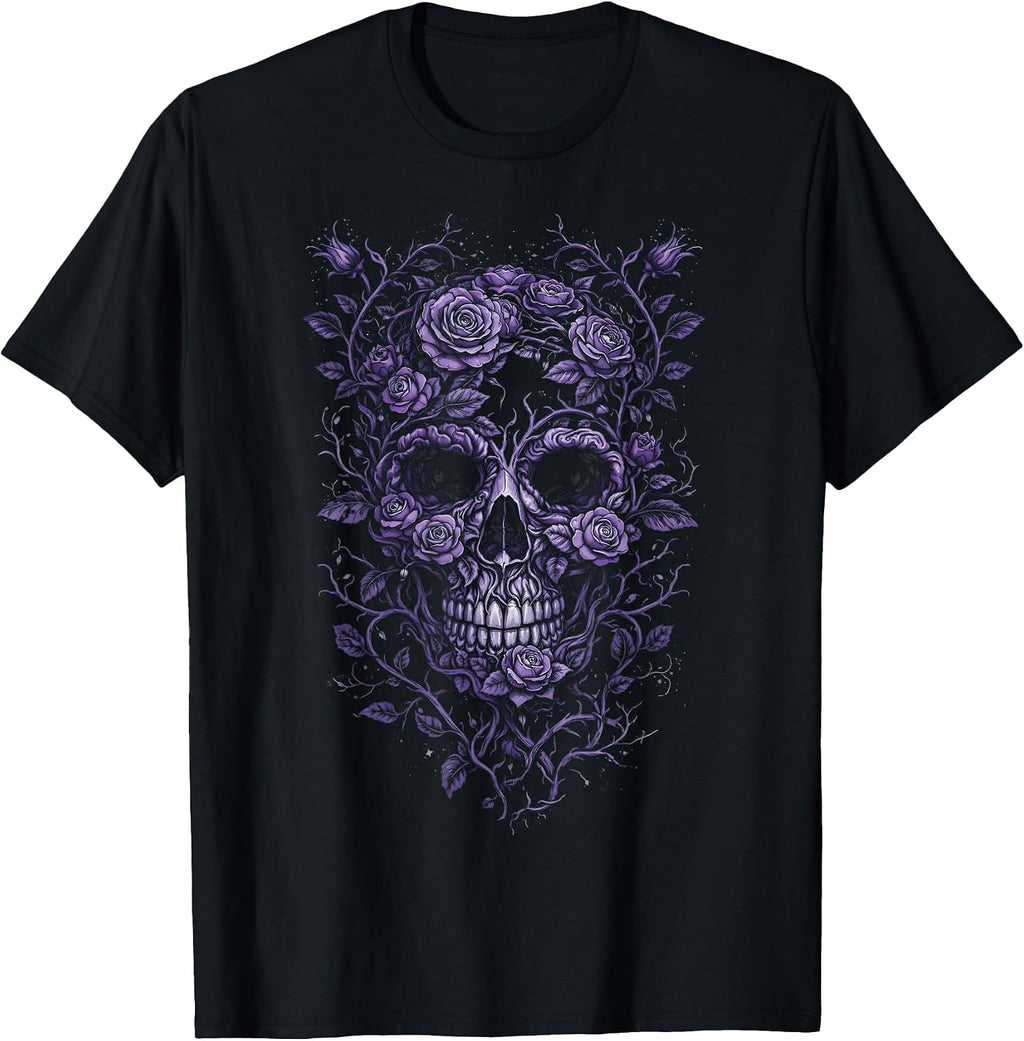 Purple Floral Skull Gothic Goth Girl Dark Aesthetic Design T-Shirt