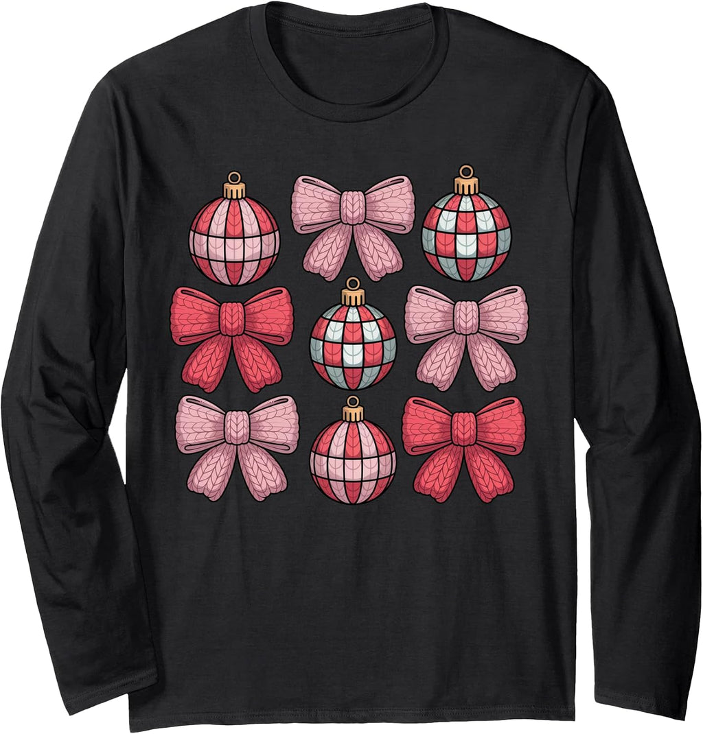 Pink Christmas Coquette Bows and Ornaments Long Sleeve T-Shirt