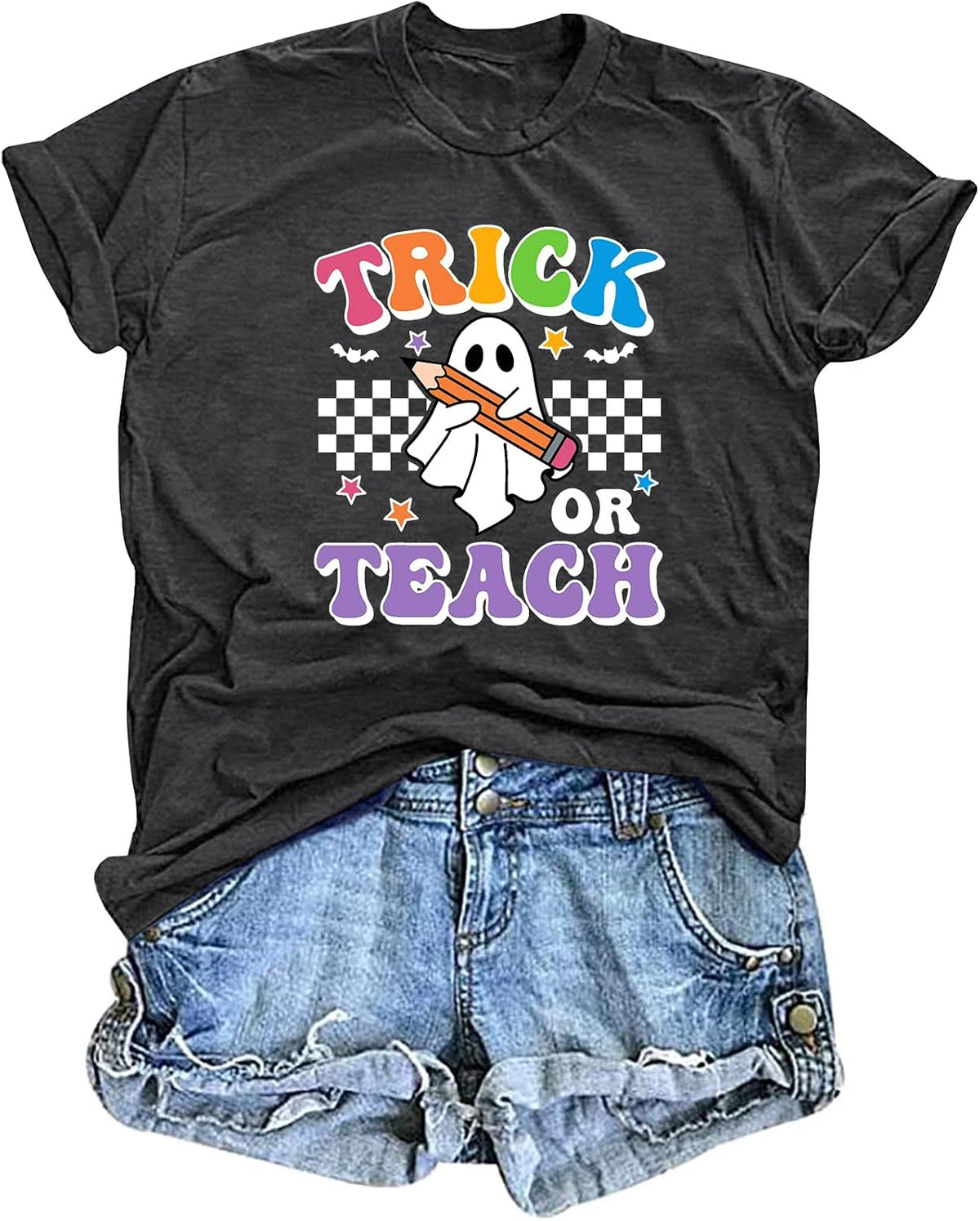 Teacher Halloween Shirt for Women Trick or Teach Tees Halloween Ghost Graphic Tops Fall Blouse T-Shirts