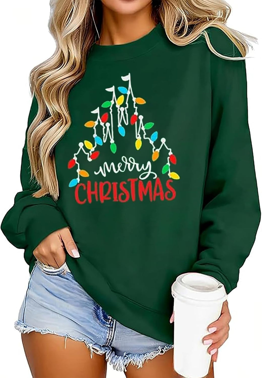 Christmas Shirts Women Funny Merry Christmas Lights Sweatshirt Cute Graphic Xmas Lightweight Pullover Tops