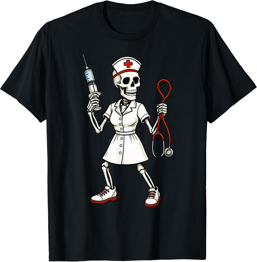 Skeleton Nurse Nursing Health Worker Halloween T-Shirt