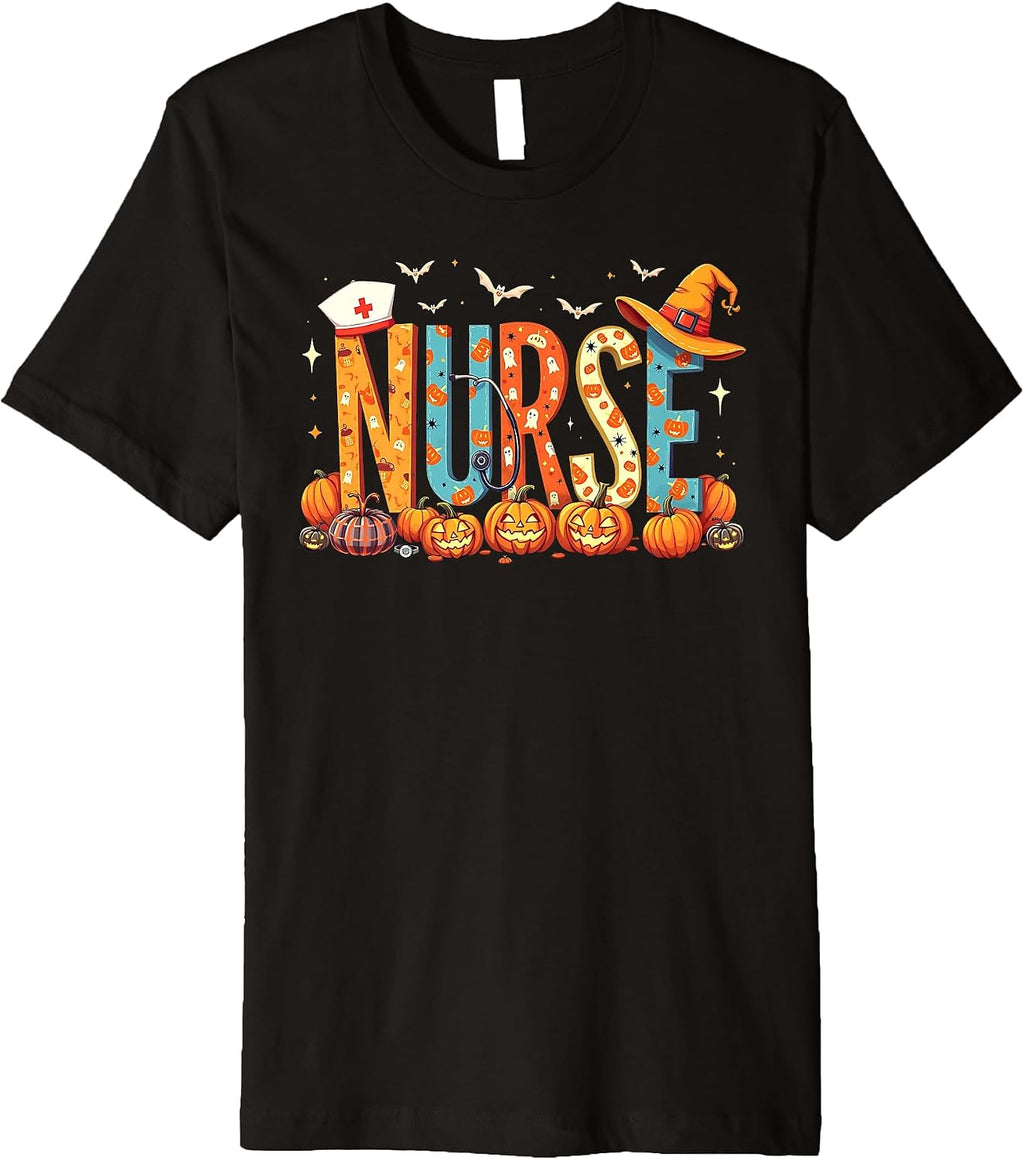 Stethoscope Nurse Pumpkin Bat Halloween Nursing Premium T-Shirt