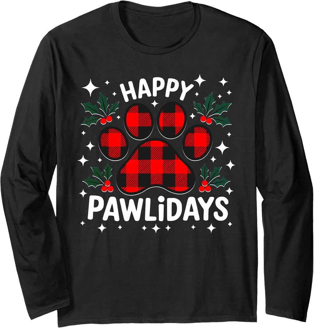 Happy Pawlidays Funny Christmas Dog Paw Xmas Dogs Lover Gift Long Sleeve T-Shirt