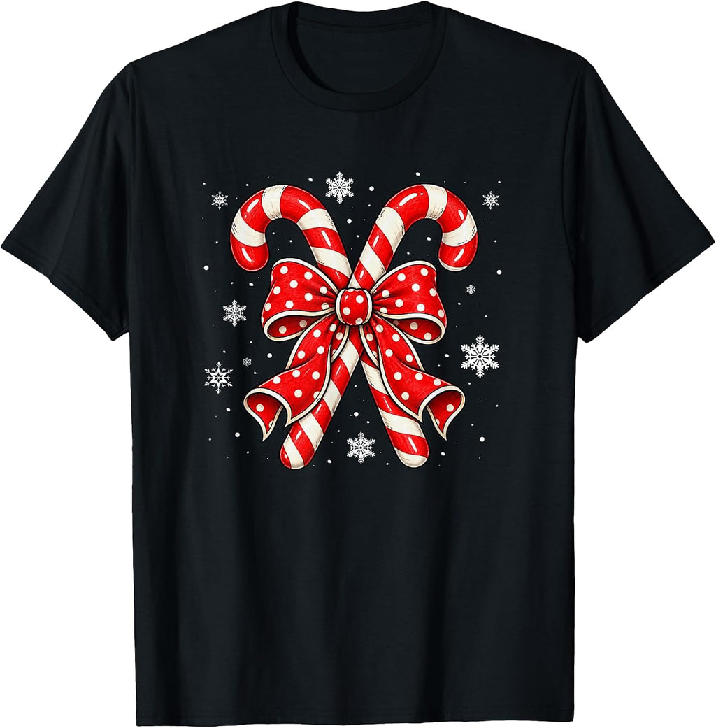 Christmas Candy Cane Coquette Bow Snowflakes Xmas Holiday T-Shirt