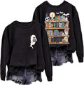 Halloween Sweatshirts for Women Ghost Reading Books Pullover Halloween Book Lover Teacher Fall Pullover Tops