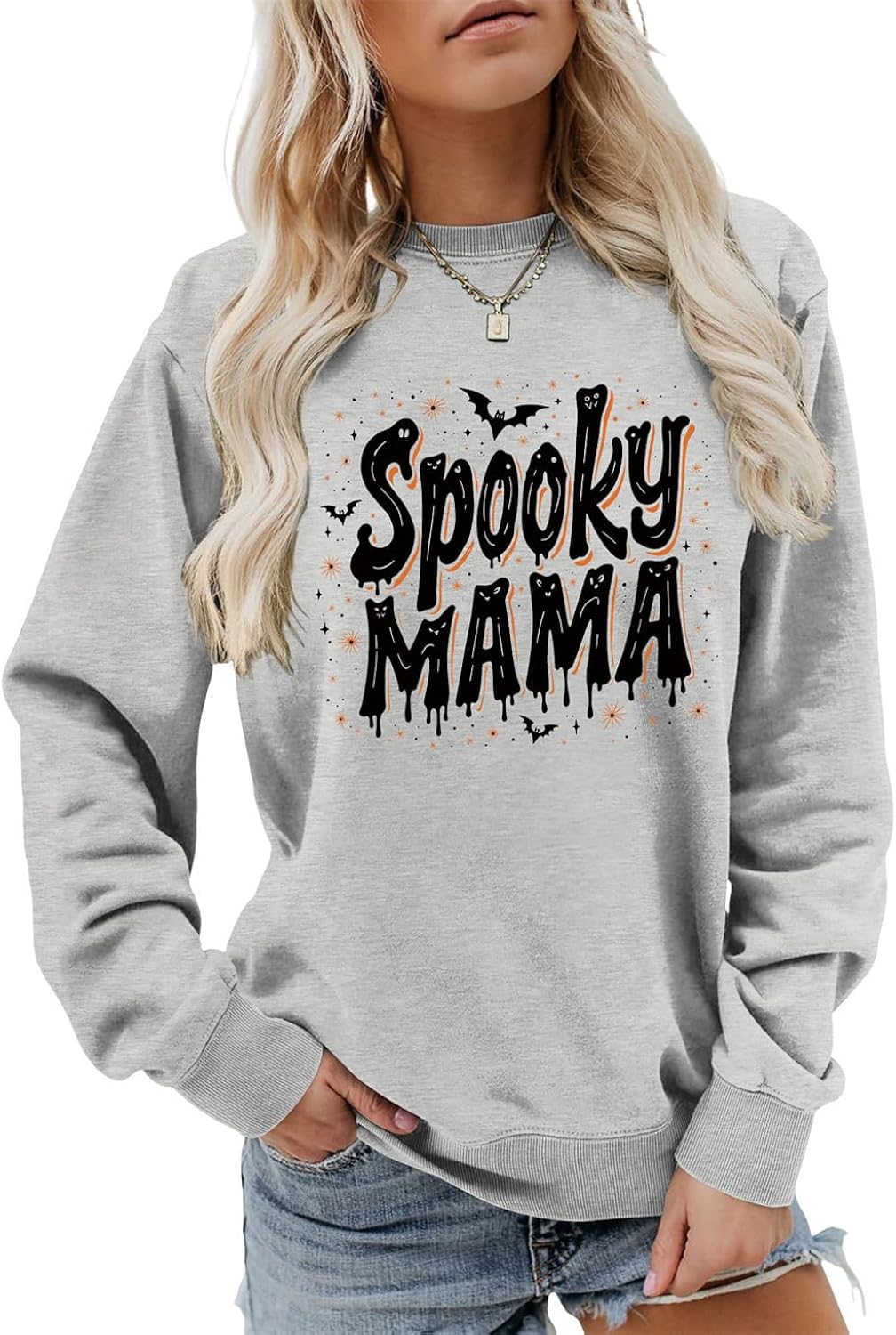 Spooky Mama Sweatshirt Cute Mom Halloween Shirts Women Long Sleeve Fall Ghost Pullover Tops Spooky Season Sweater