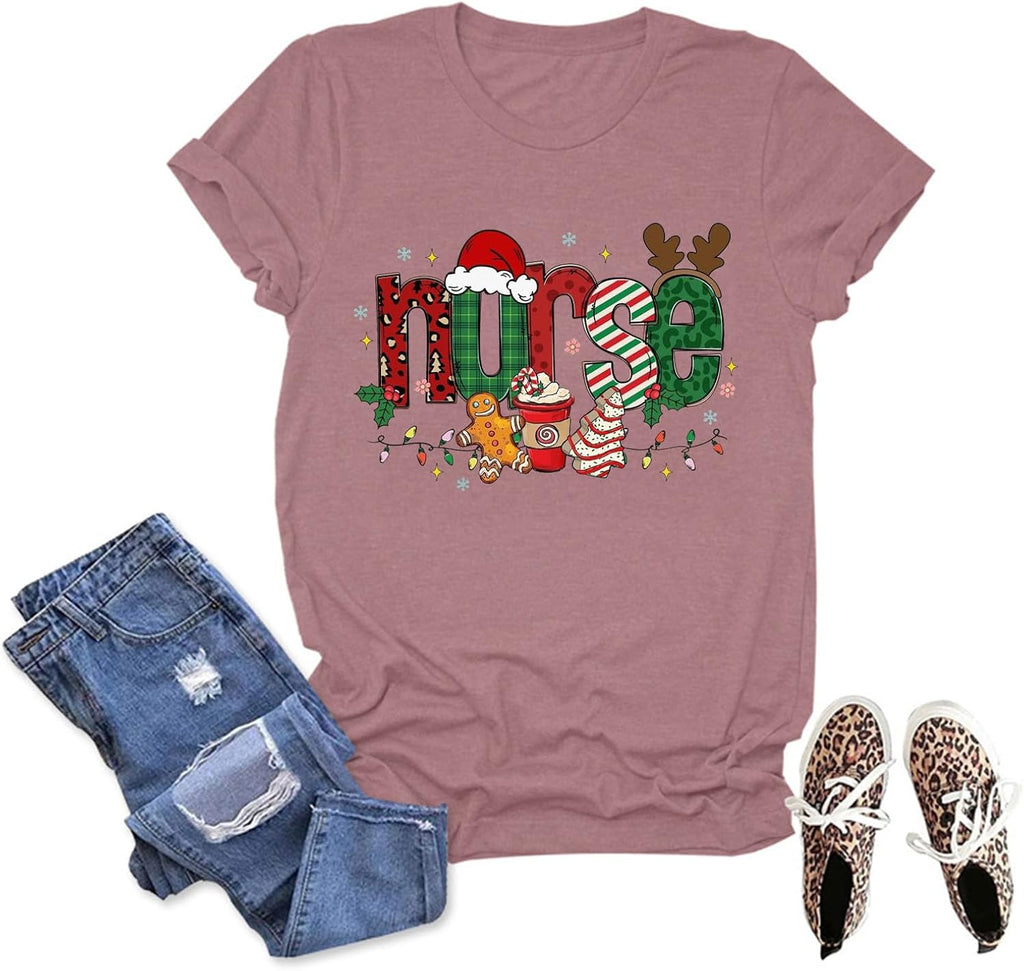Nurse Christmas Shirts for Women Merry Xmas Casual T-Shirt RN Nursing Trendy Short Sleeve Tee Summer Tops Nurses Gift