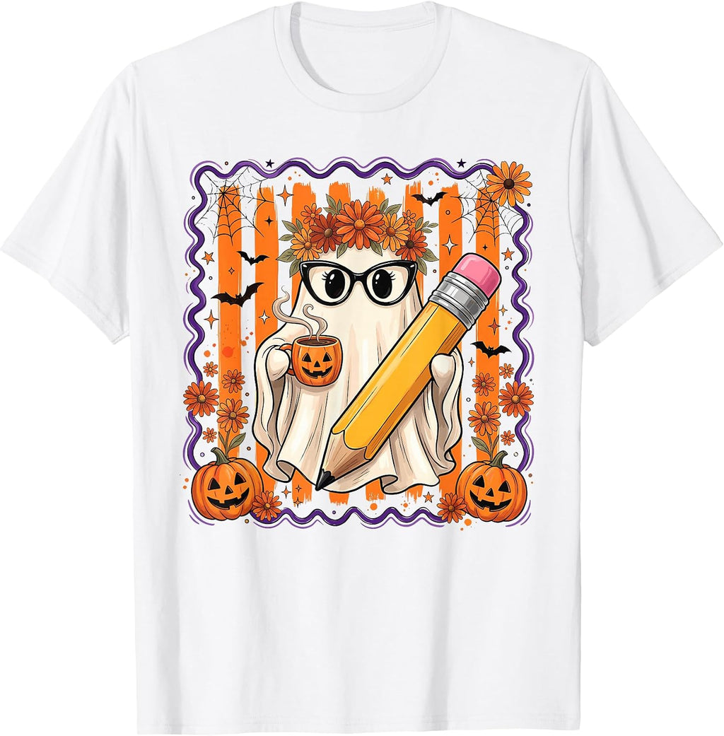 Halloween Teacher Ghost with Pencil and Pumpkin Coffee Women T-Shirt