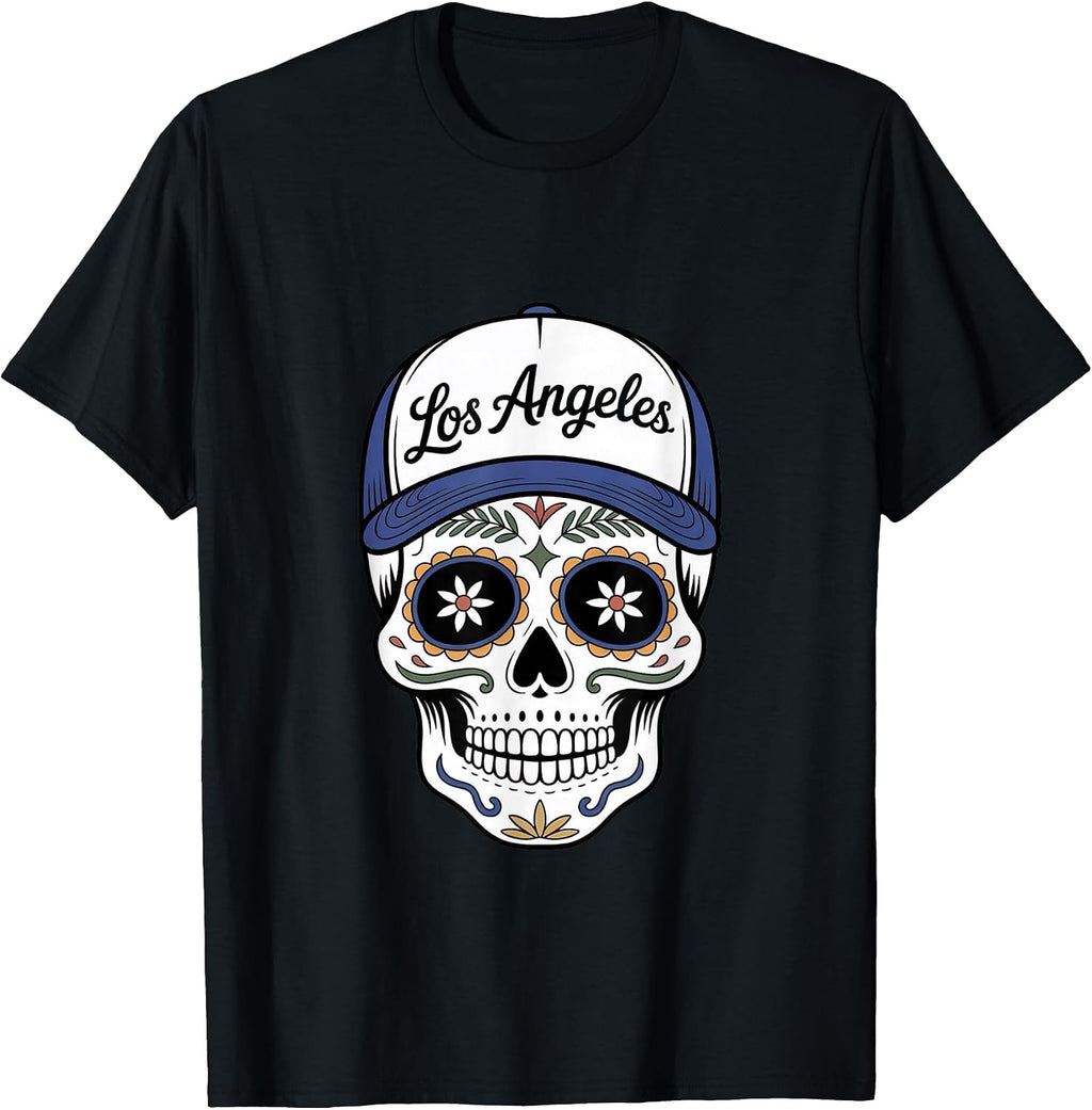 Los Angeles Mexican Sugar Skull Blue White Design T-Shirt