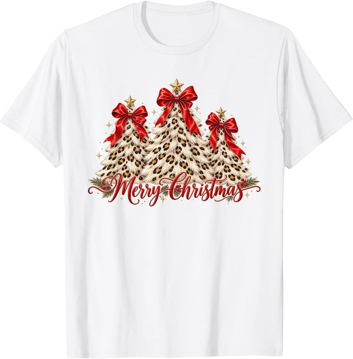 Merry Christmas Leopard Tree Coquette Bow Holiday T-Shirt