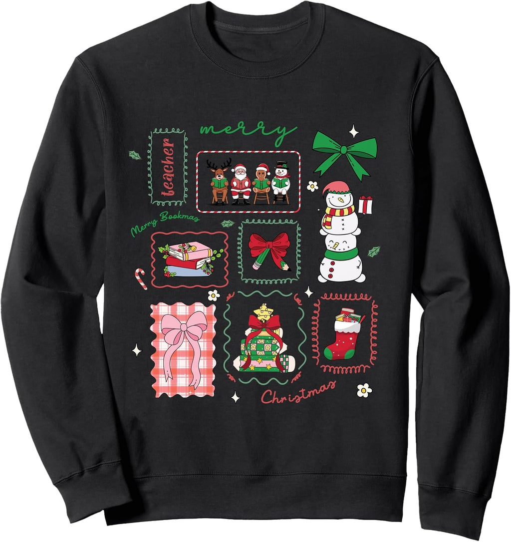 Vintage Preppy Very Merry Teacher Santa Stamps Christmas Sweatshirt
