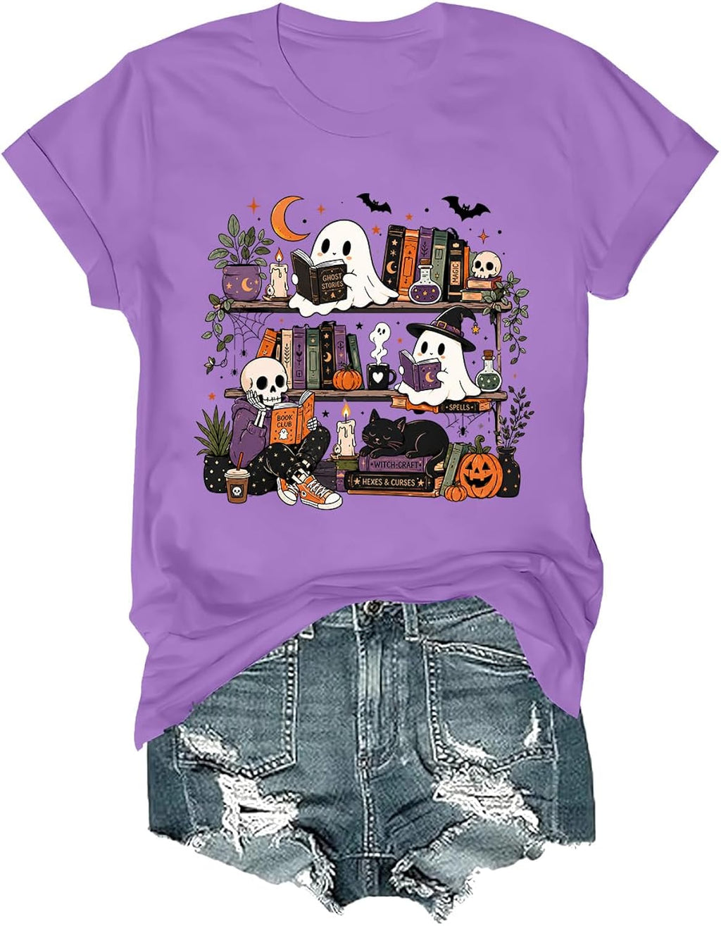 Halloween Teacher Shirts for Women Ghost Reading Book T-Shirt