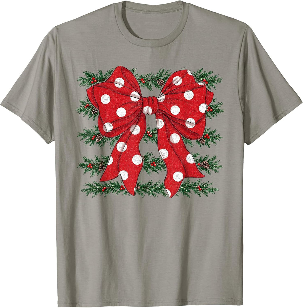 Coquette Christmas Red Polka Dot Bow Matching Family Pajama T-Shirt