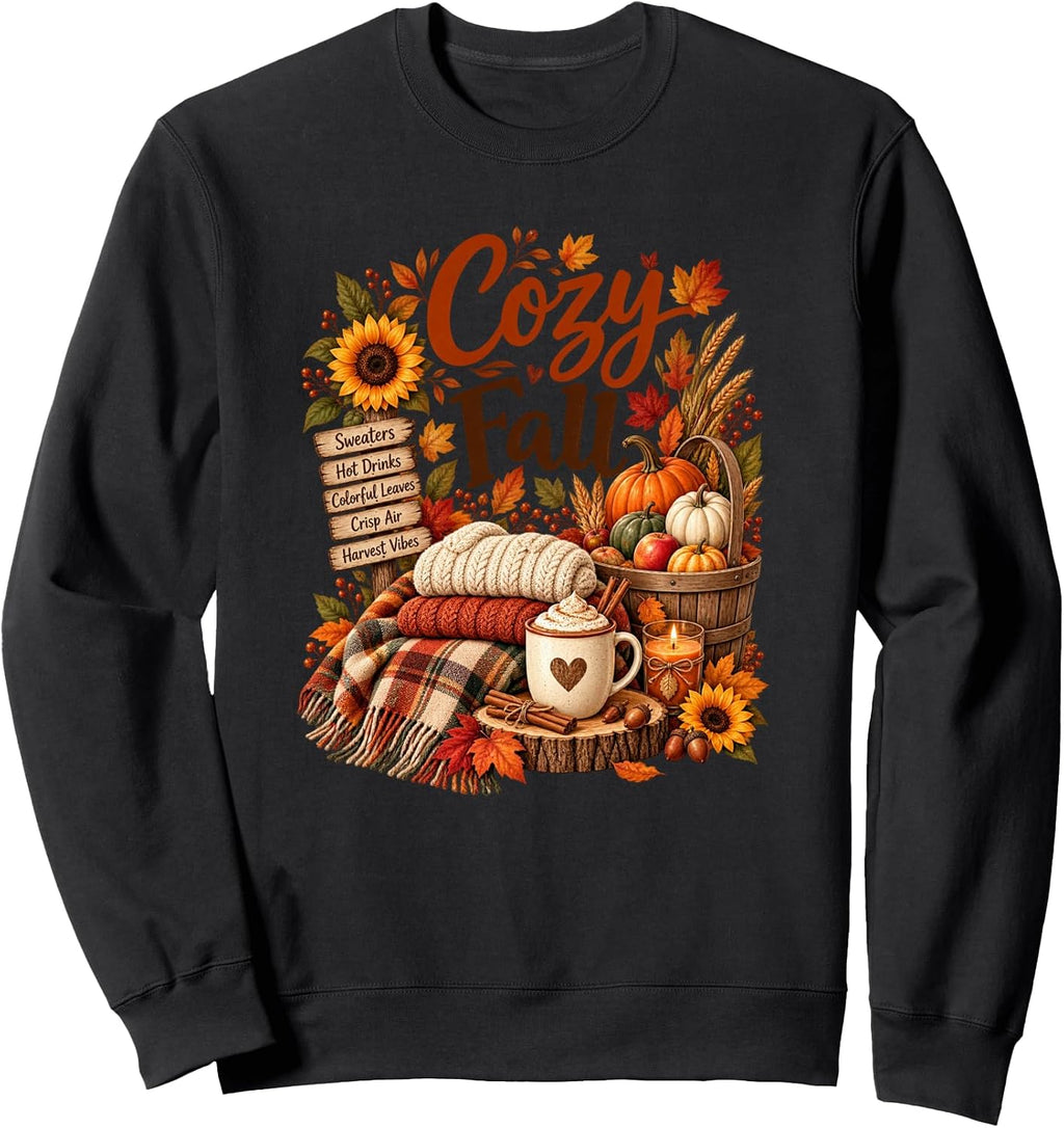 Cozy Fall Vibes Autumn Sweaters Hot Drinks Harvest Leaves Sweatshirt