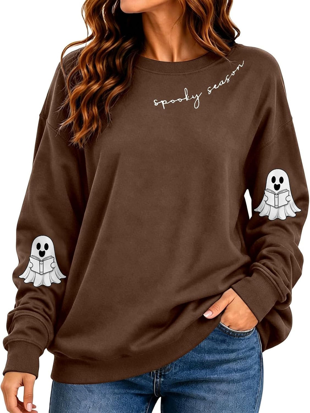 Spooky Season Sweatshirt Ghost Graphic Halloween Sweatshirts For Women 2026 Fall Cute Crewneck Oversized Sweater