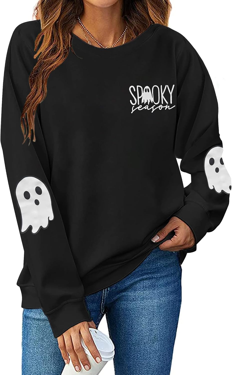 Halloween Sweatshirt for Women Spooky Season Long Sleeve Shirts Casual Ghost Crew Neck Pullover Tops