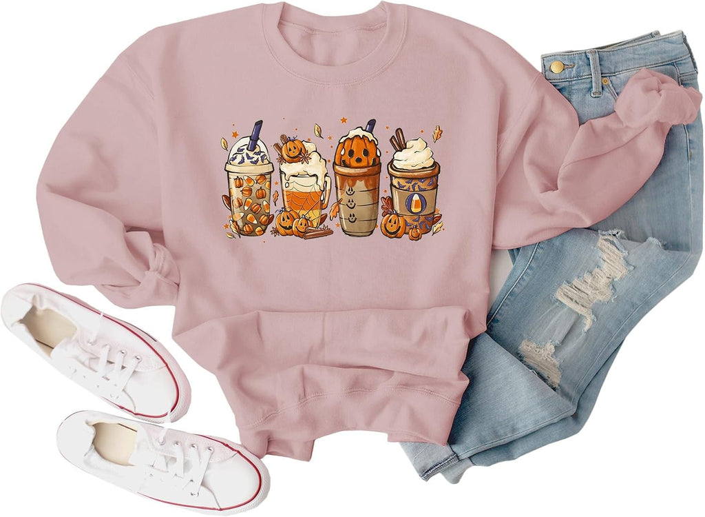 Halloween Pumpkin Spice Coffee Sweatshirt for Women Casual Fall Long Sleeve Crewneck Pullover Top Caffeine Lover Gift