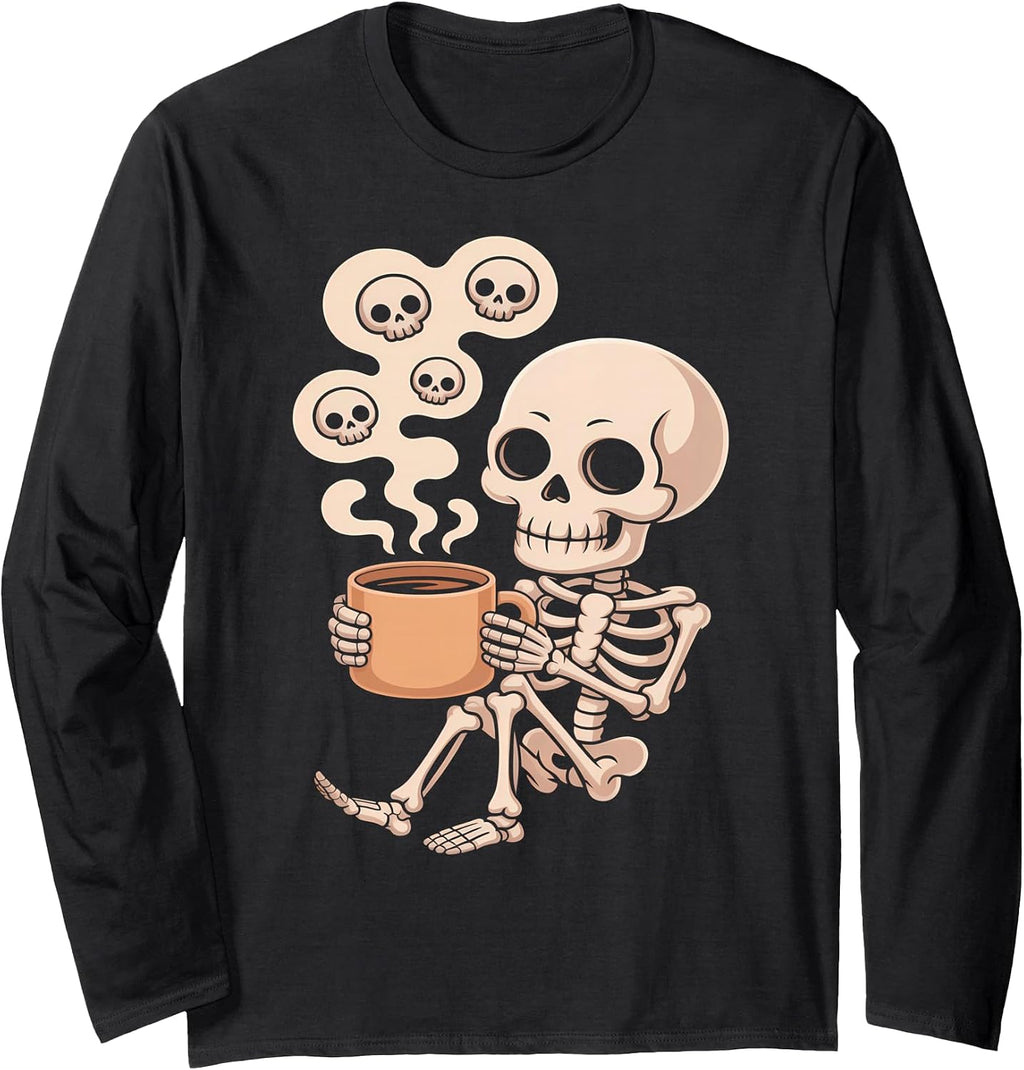Skeleton Coffee Cup Cute Funny Skull Design Long Sleeve T-Shirt