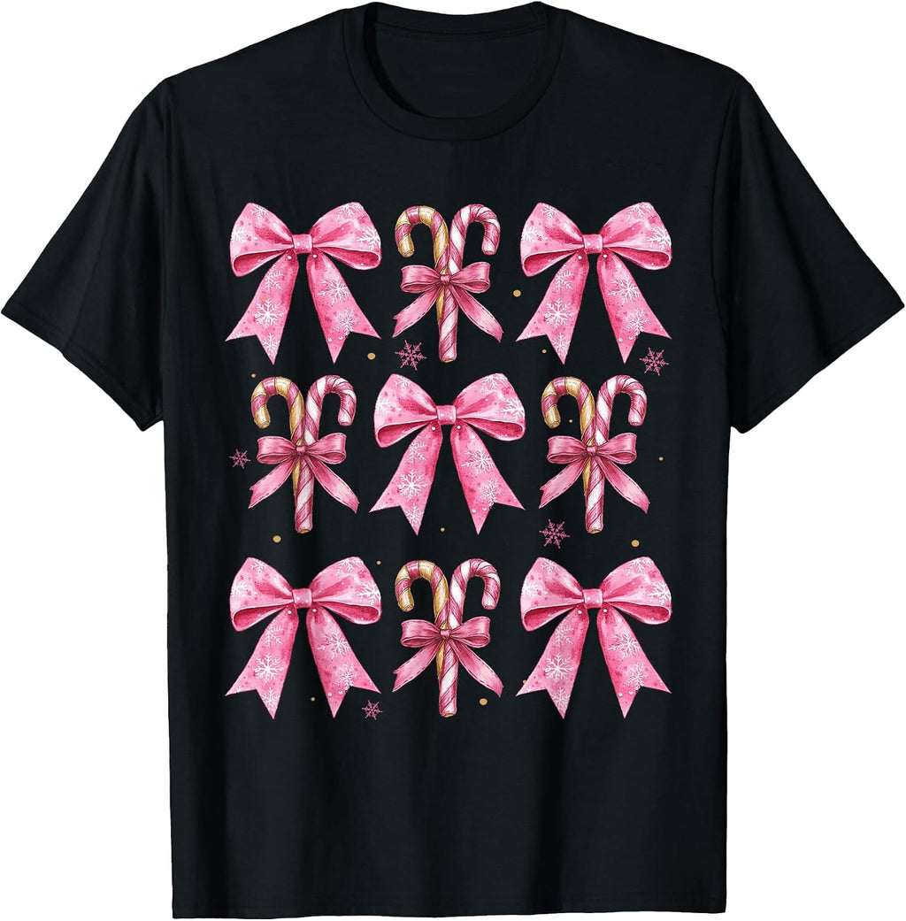 Cute Coquette Bow Candy Canes Christmas Pink Bow Girls Teens T-Shirt