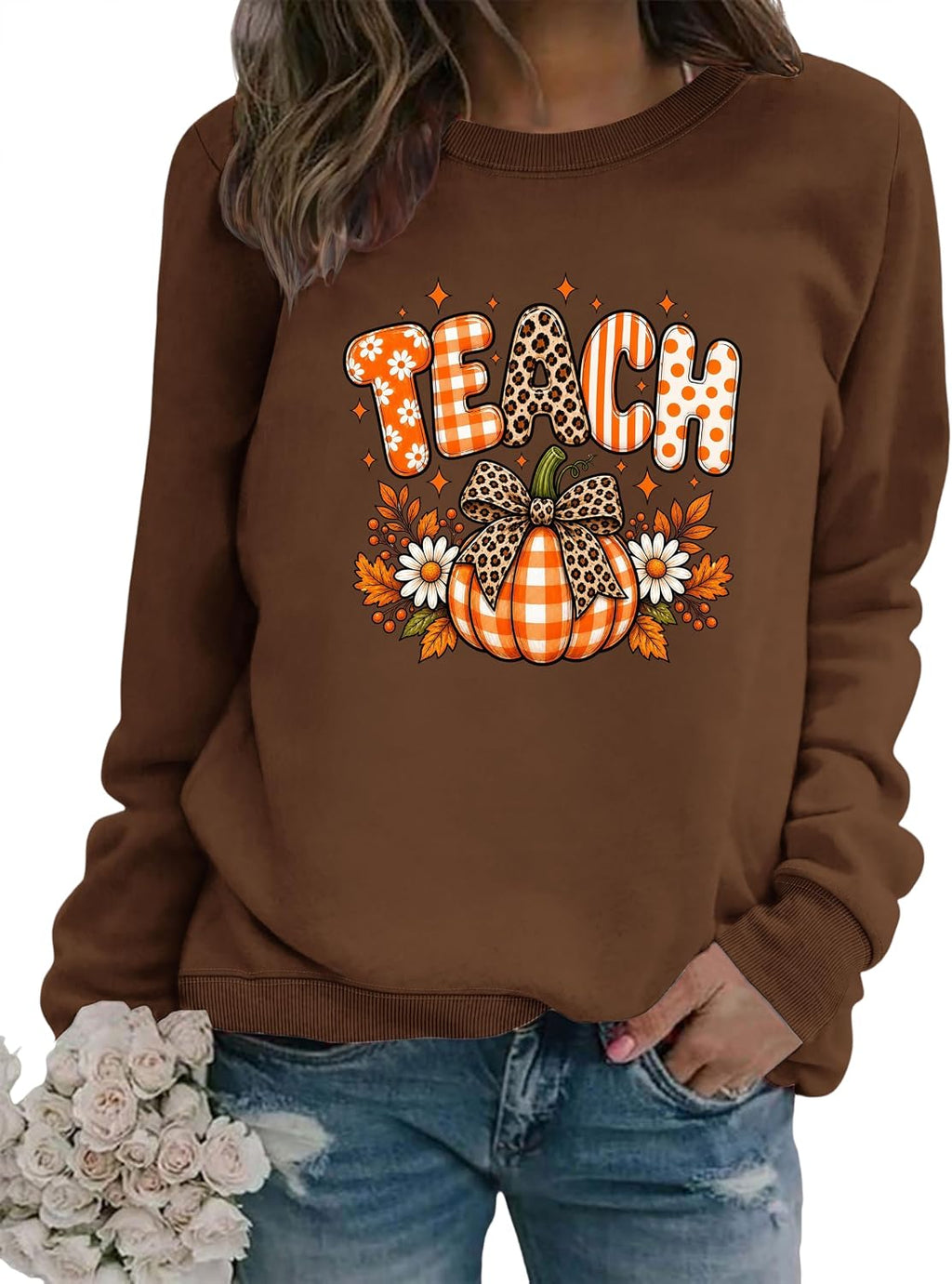 Cute Teacher Sweatshirt for Women Retro Pumpkin Graphic Fall Sweatshirts