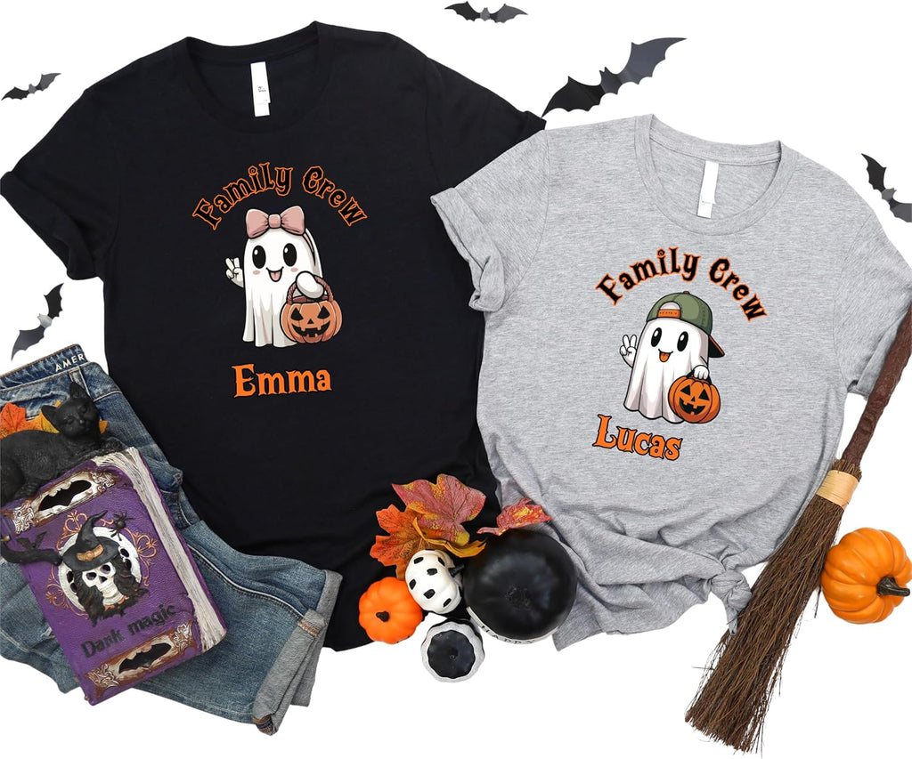 Family Crew Halloween Ghost Shirts with Custom Name – Matching Family Halloween T-Shirt for Kids, Mom, Dad, Cute Pumpkin Ghost Tee