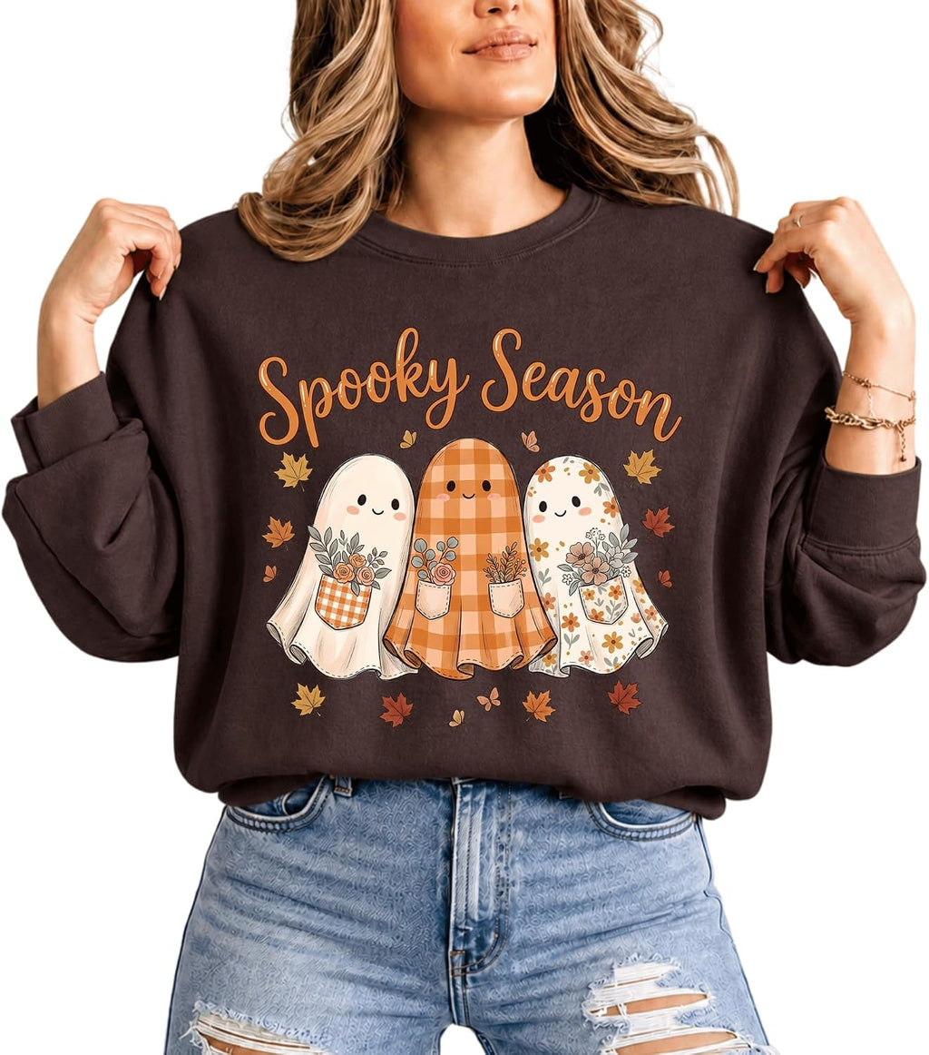 Spooky Season Cute Ghost Crewneck Sweatshirt, Cozy Fall Halloween