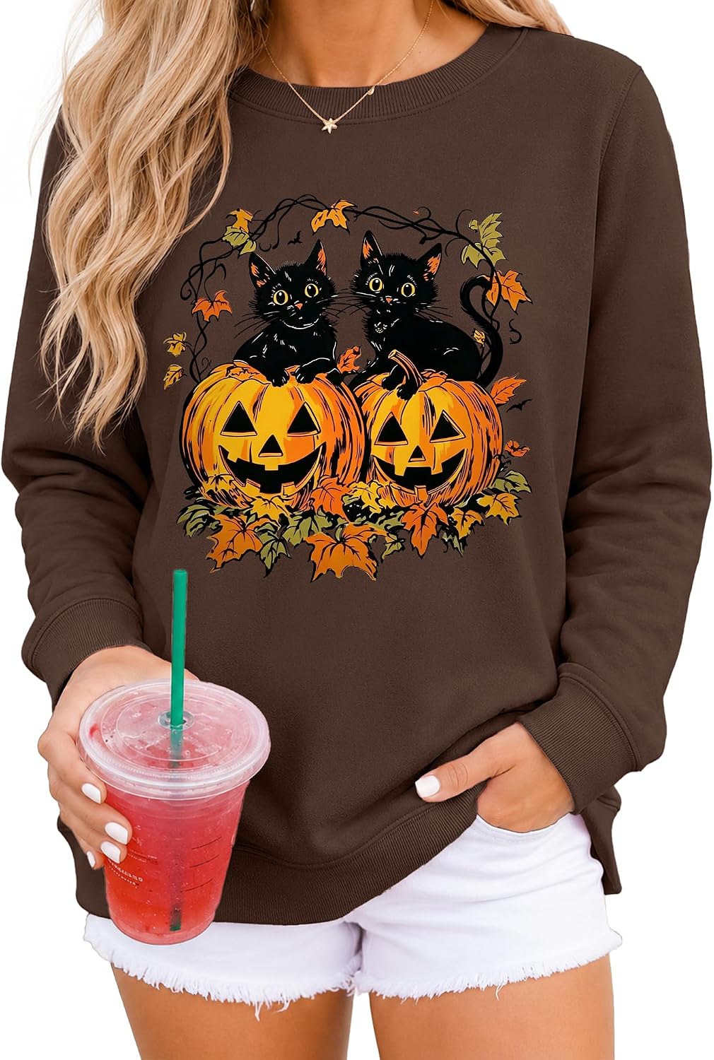 Halloween Sweatshirts for Women Black Cat Sitting on Pumpkin Fall Pullover Top Pumpkin Face Long Sleeve Sweatshirts