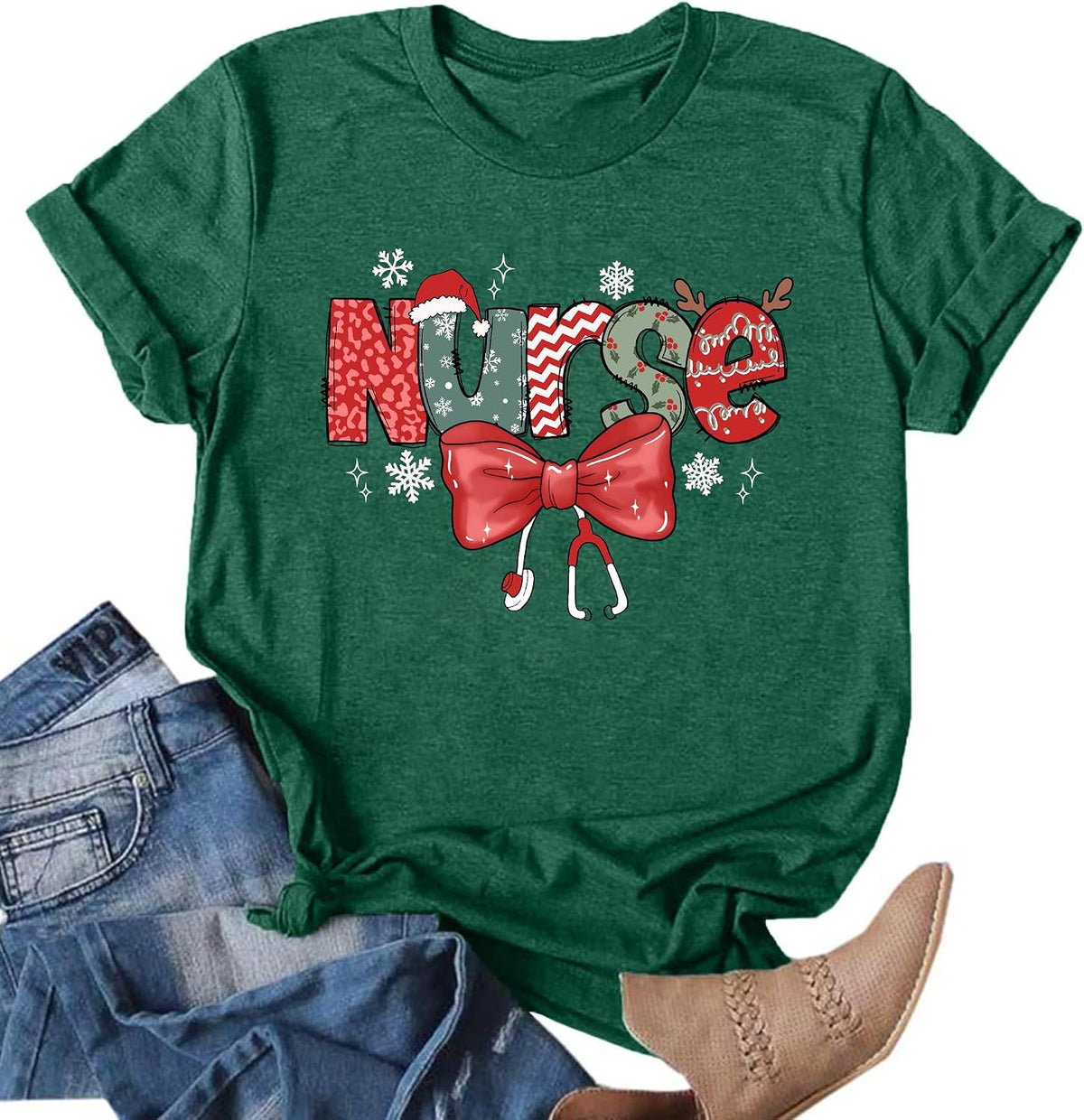 Christmas Nurse Shirts for Women Nurse Christmas Tee Santa's Favorite Nurse Tops Xmas Vacation Holiday Tee