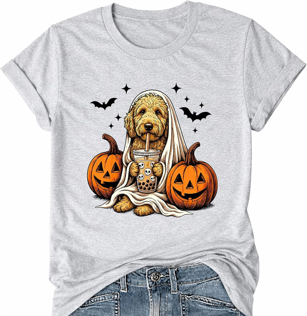 Halloween Ghost Dog Shirt Spooky Season Pumpkin Fall Graphic T-Shirts
