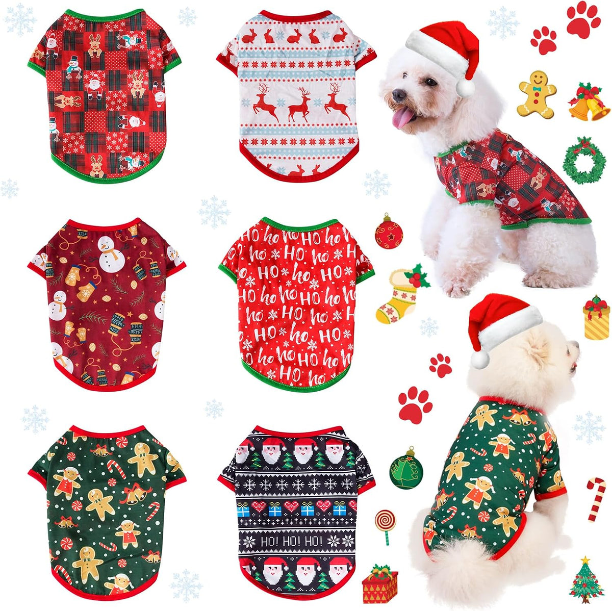 6 Pieces Christmas Dog Clothes for Small Dogs, Soft and Breathable Pet Shirt, Winter Puppy Kitten Vest Printed Dog Shirts, Christmas Snowman Santa Claus Reindeer T-Shirts for Pet Dogs Cats