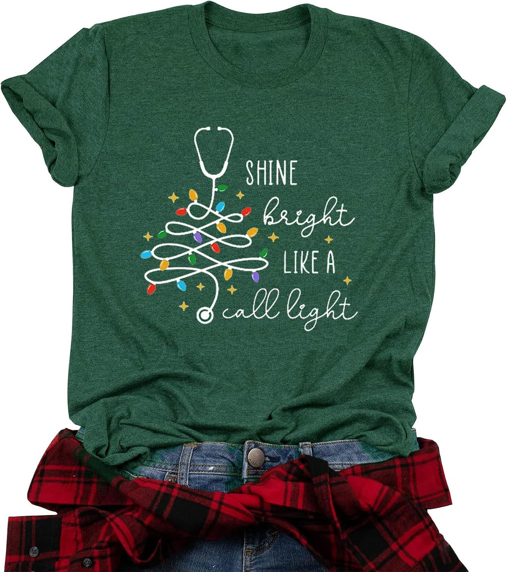 Nurse Christmas Shirt Womens Christmas Shirts Casual Short Sleeve Christmas Nurse Tshirt Funny Holiday Tee Tops
