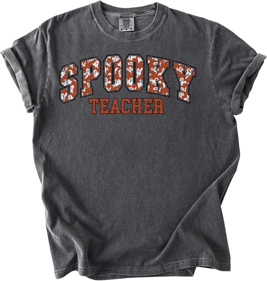 Spooky Teacher Shirt Halloween Ghost Print Teacher T-Shirt Funny Fall Teacher Gift Tee Cute Halloween Teacher Squad Top Purple