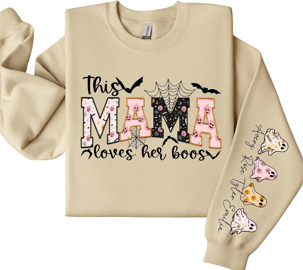 Custom Mama Halloween Sweatshirt With Kids Names on Sleeve, This Mama Loves Her Boos Shirt for Spooky Season Cute Baby Ghosts Mom Sweatshirt (H07)