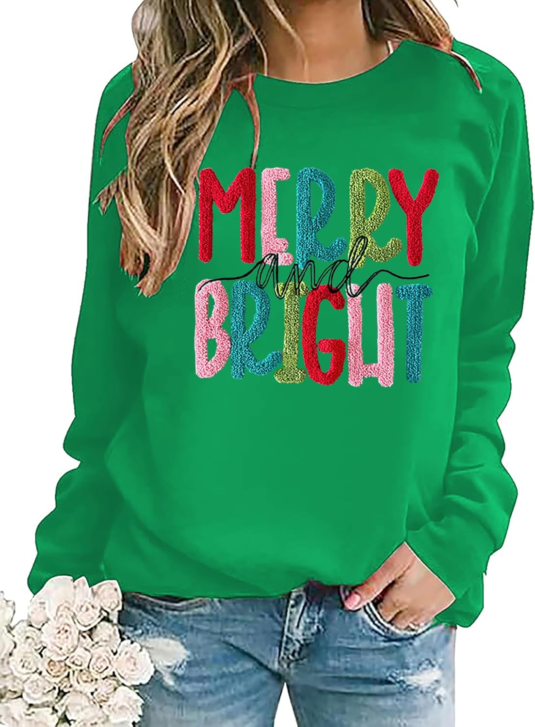 Christmas Sweatshirt Women Merry And Bright Christmas Pullover Shirt Novelty Chenille Patch Xmas Gift Holiday Top