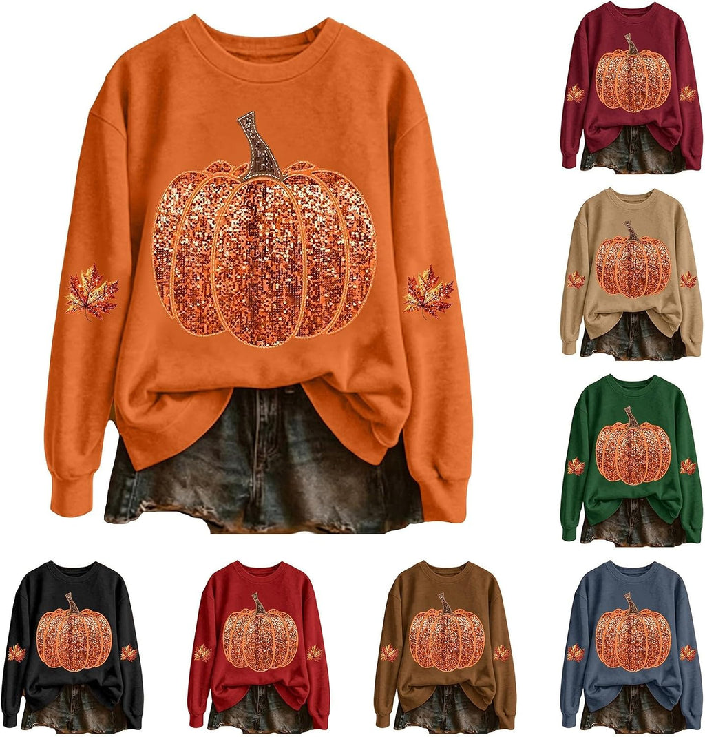Fall Sweatshirts For Women Halloween Pumpkin Print Casual Long Sleeve Shirt