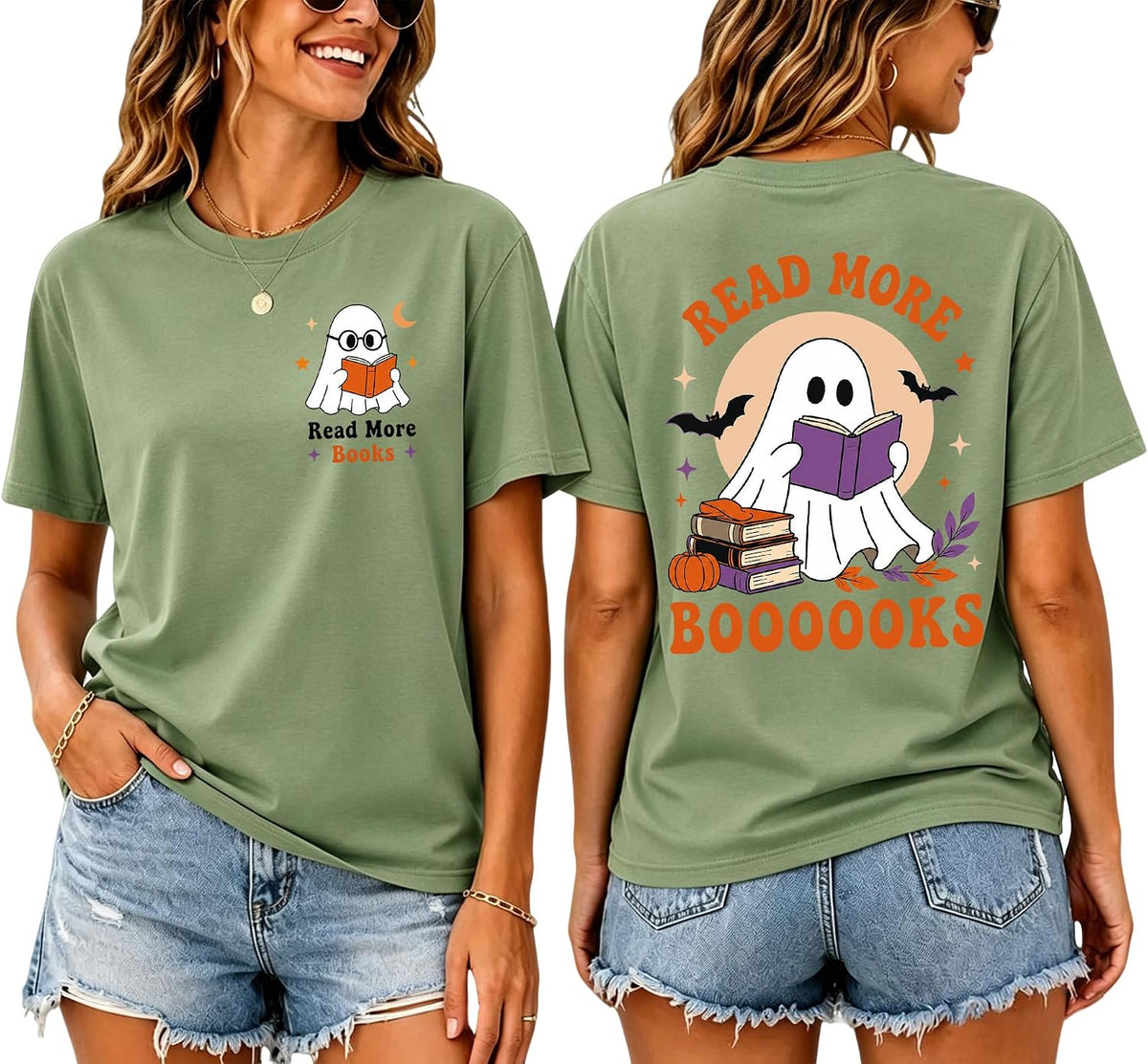 Halloween Teacher Shirts for Women Funny Read More Books Ghost T-Shirt