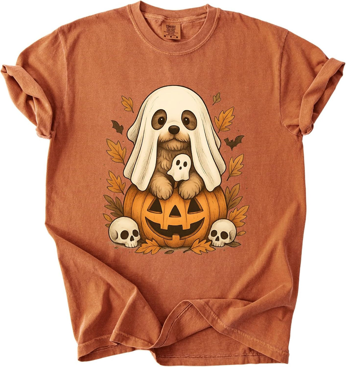 Ghost Dog Halloween Shirt Cute Pumpkin Skull Bat Graphic Tee for Women Men Kids Unisex Family Fall Costume T-Shirt