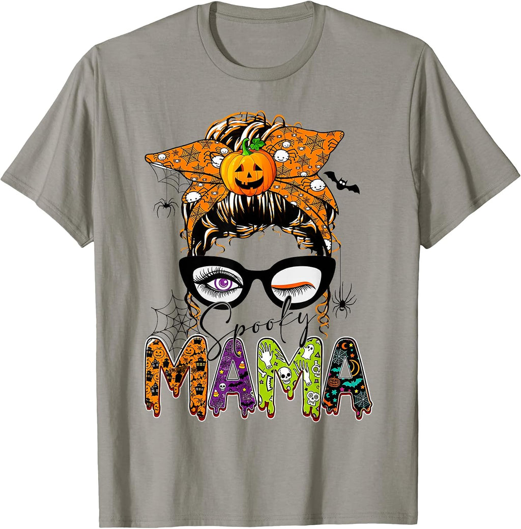 Spooky Mama Messy Bun Halloween Bow Pumpkin T-Shirt