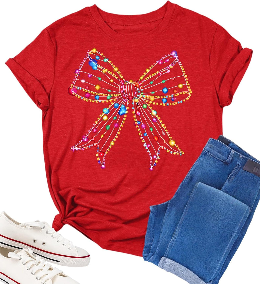 Christmas Shirts for Women Bow Christmas Tee Coquette Bow Shirt Xmas Lights Tshirt Holiday Vacation Casual Outfit