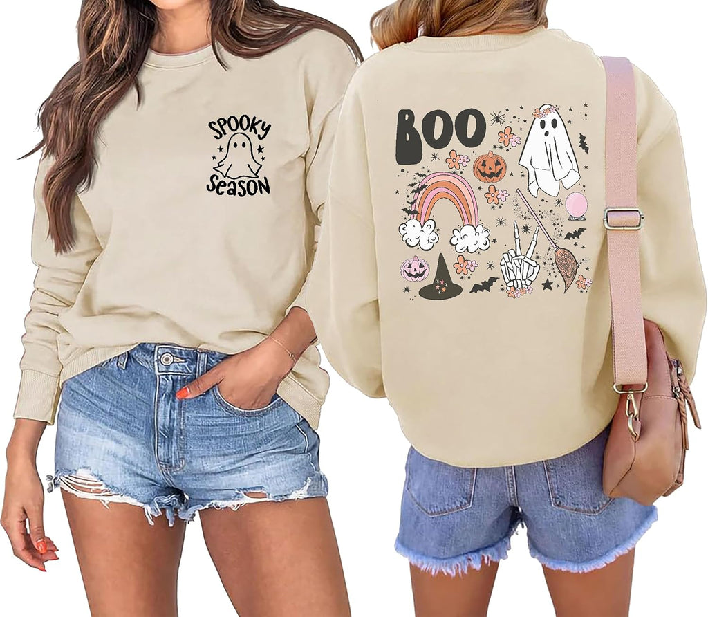 Halloween Sweatshirt Women Cute Spooky Season Sweatshirts Ghost Fall Graphic Long Sleeve Sweater Pullover Top