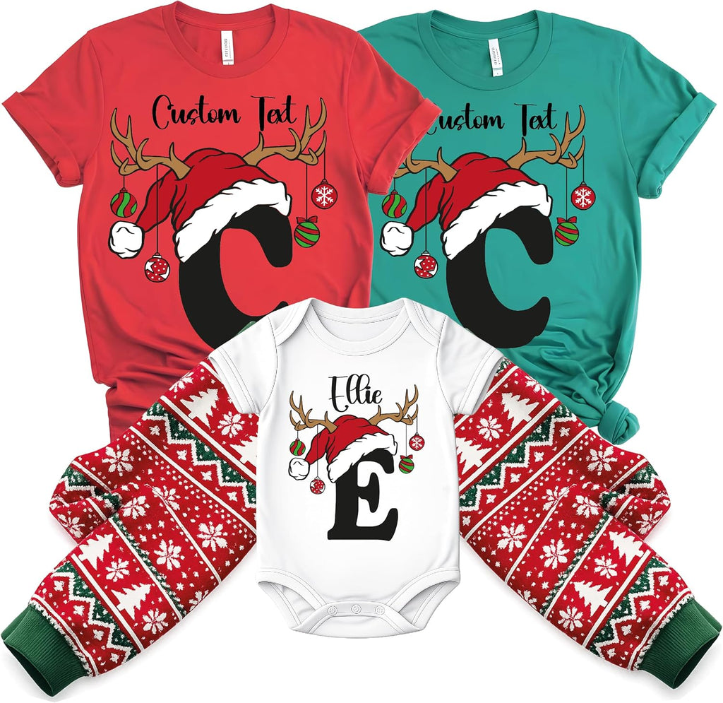 Custom Family Christmas Shirt, Personalized Monogram Letter Tee, Custom Name Holiday Shirt, Matching Family Christmas Pajama Top, Santa Hat Reindeer