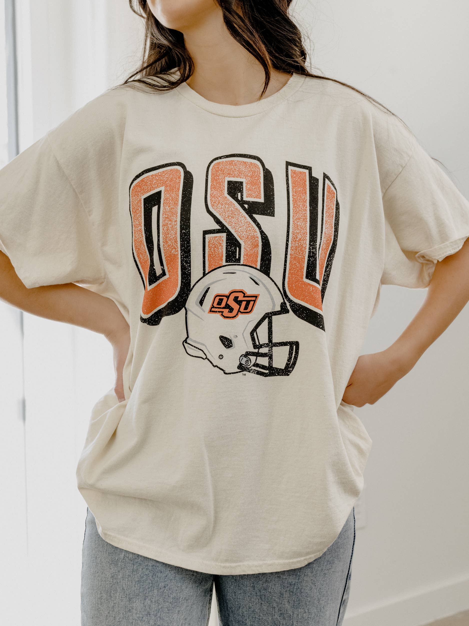 Osu Cowboys Helmet Fade Off White Thrifted Tee